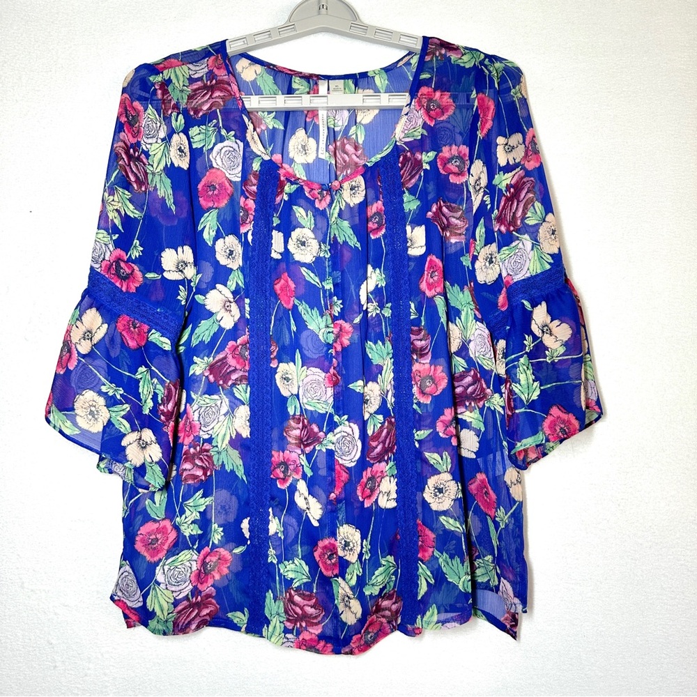 LC Lauren Conrad Sheer Blouse XL Blue Pink Floral Print Pullover Top Lace Detail